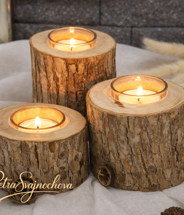 🕯️ Set dřevěných svícnů ze špalku – přírodní dekorace 3 kusy